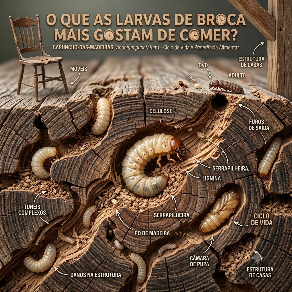 O que as larvas de broca comem em Barra Bonita - Infográfico amido, celulose e madeira