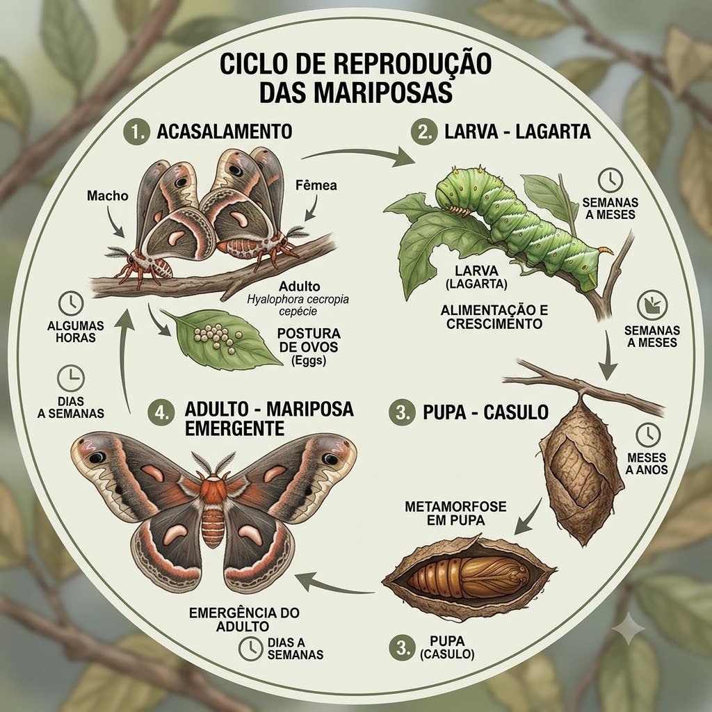 Infográfico ilustrado do ciclo de reprodução das mariposas com acasalamento, lagarta, pupa e adulto