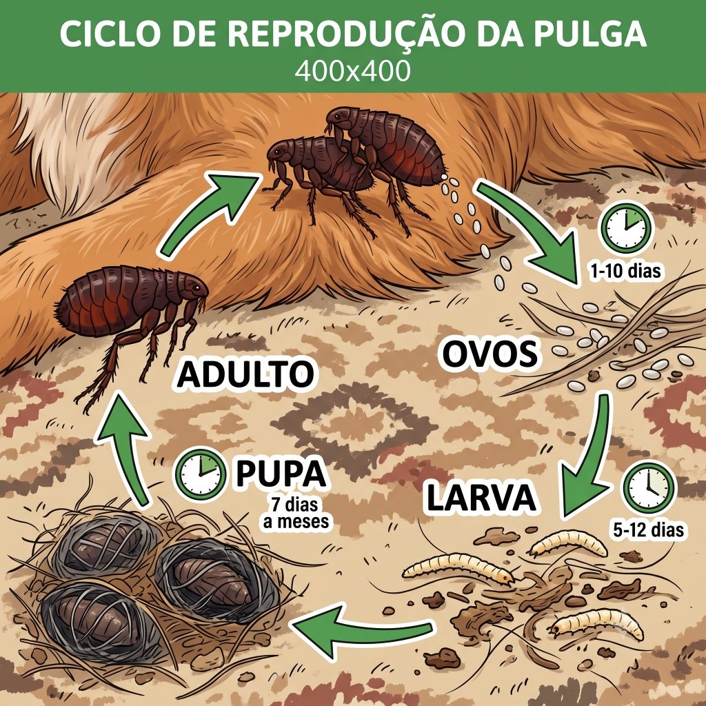 Infográfico do ciclo de reprodução da pulga com adulto, ovos, larva e pupa