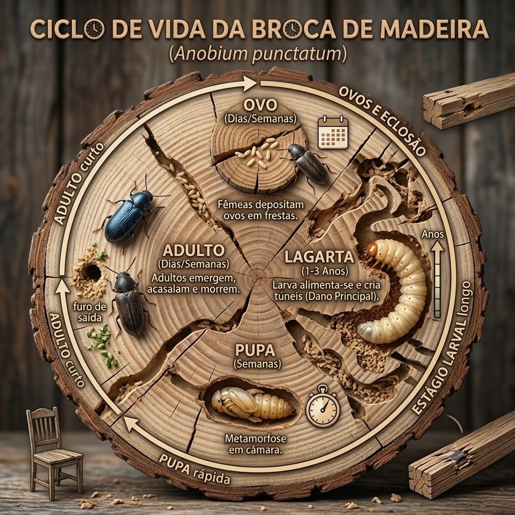 Quanto tempo vive a larva de broca em Barra Bonita - Infográfico ciclo de vida Anobium punctatum