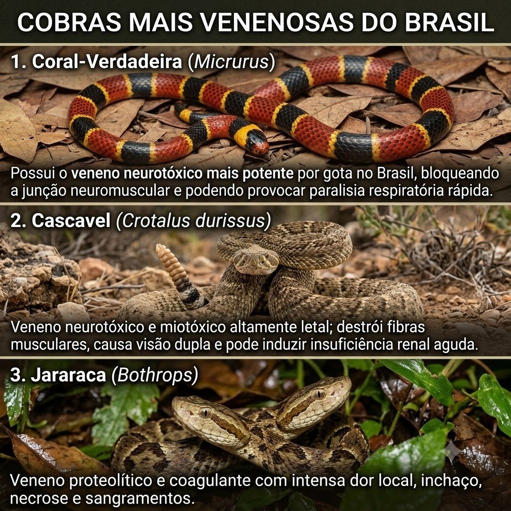 Cobras mais venenosas do Brasil - Coral-Verdadeira, Cascavel e Jararaca