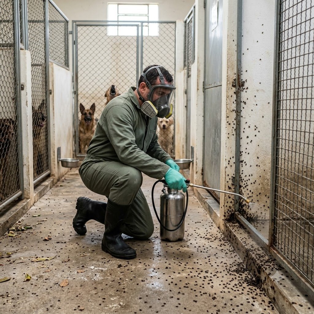 Técnico aplicando pulverização de dedetização de carrapatos no canil em Barra Bonita