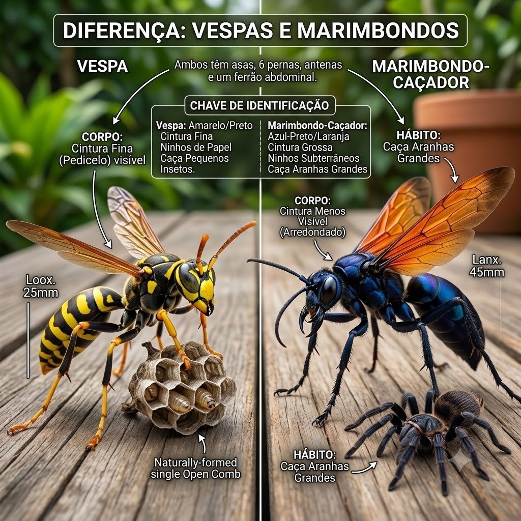 Diferença entre vespa e marimbondo em Barra Bonita - Infográfico comparativo de anatomia e hábitos