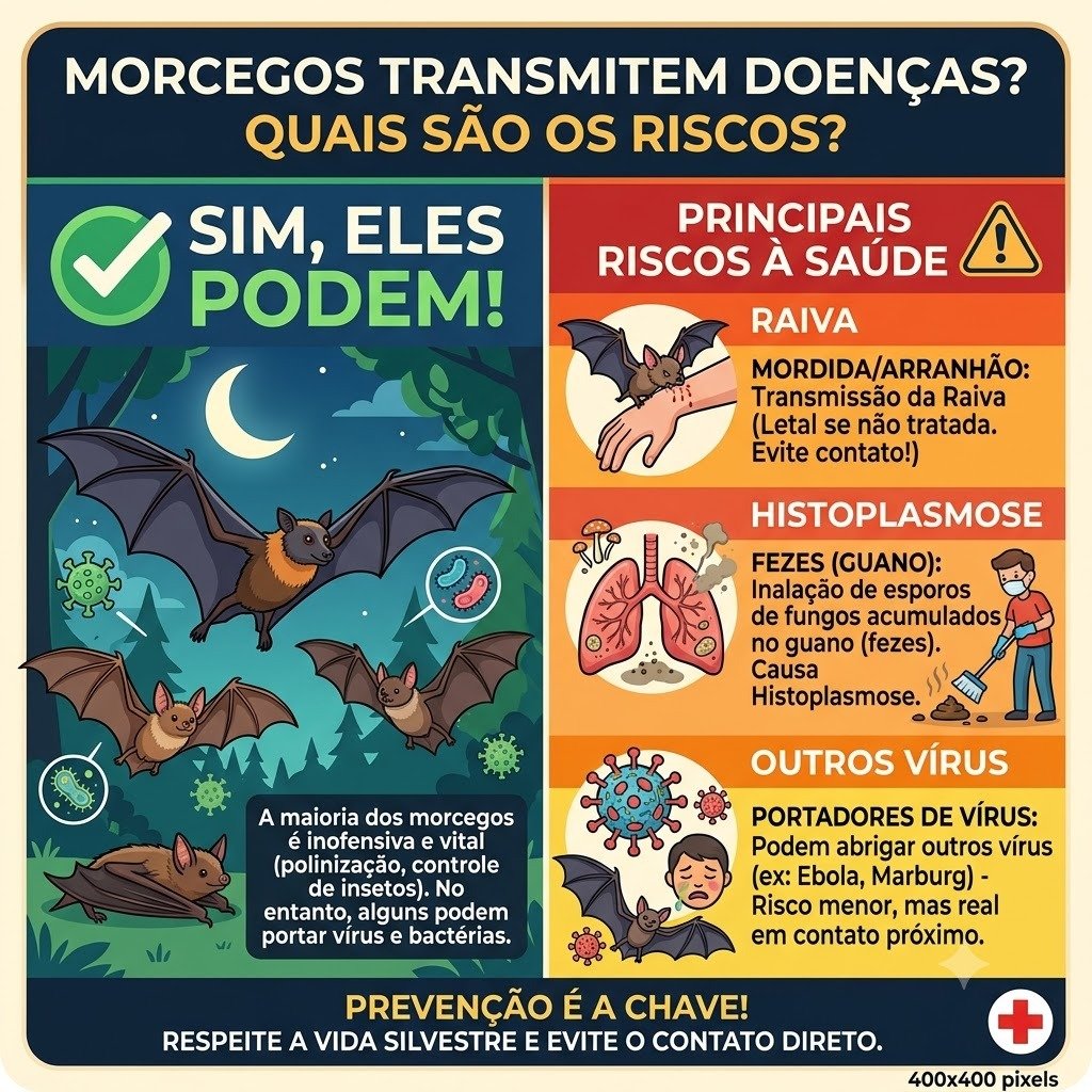 Morcegos transmitem doenças em Barra Bonita - Infográfico riscos de Raiva e Histoplasmose