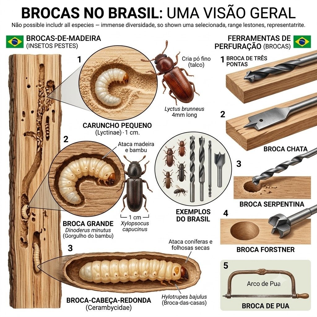 Espécies de broca no Brasil e Barra Bonita - Infográfico ilustrado das espécies de brocas xilófagas