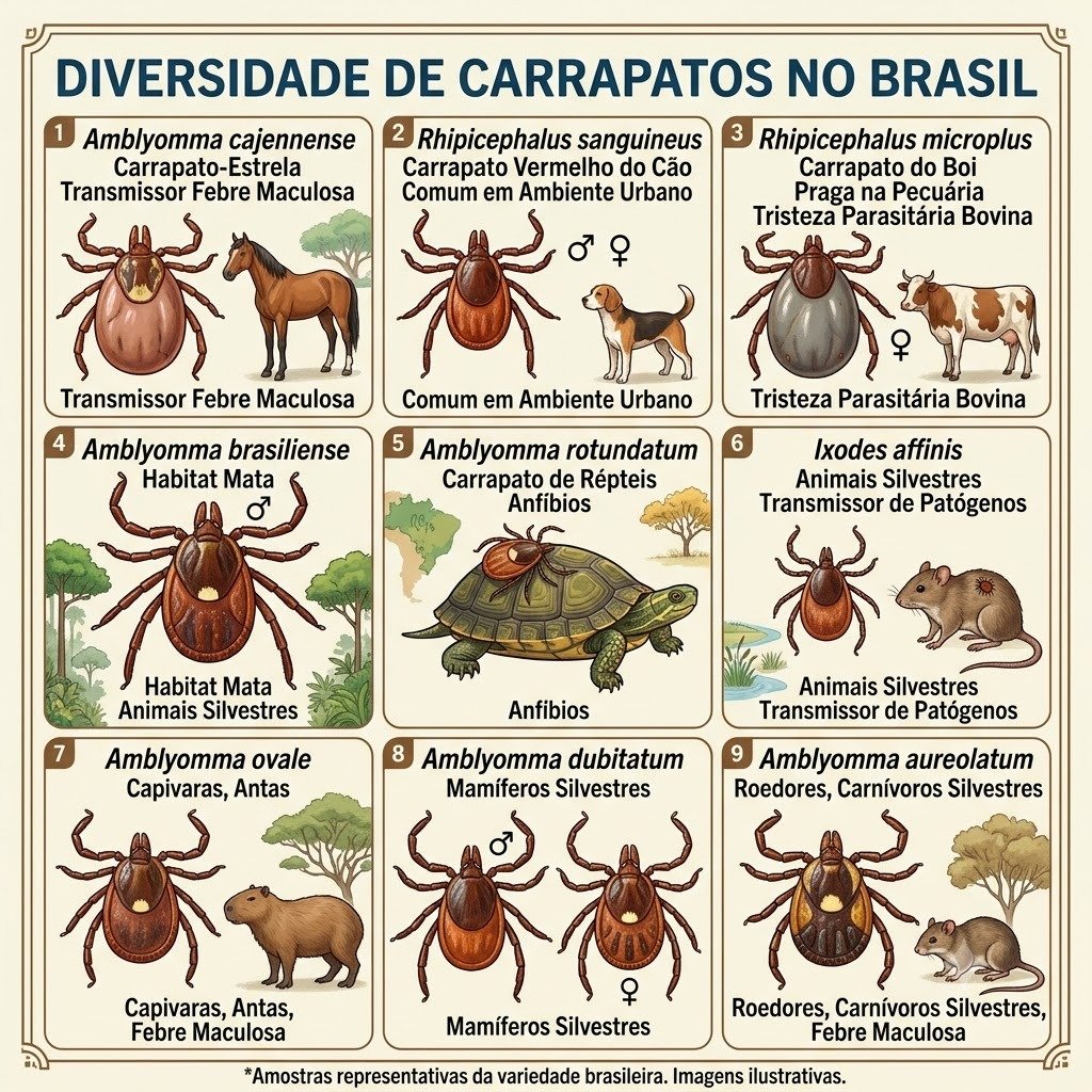 Infográfico ilustrado de diversidade de espécies de carrapatos no Brasil