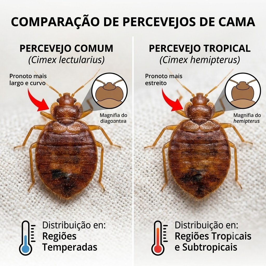 Infográfico ilustrado comparando as espécies de percevejo comum e tropical no Brasil
