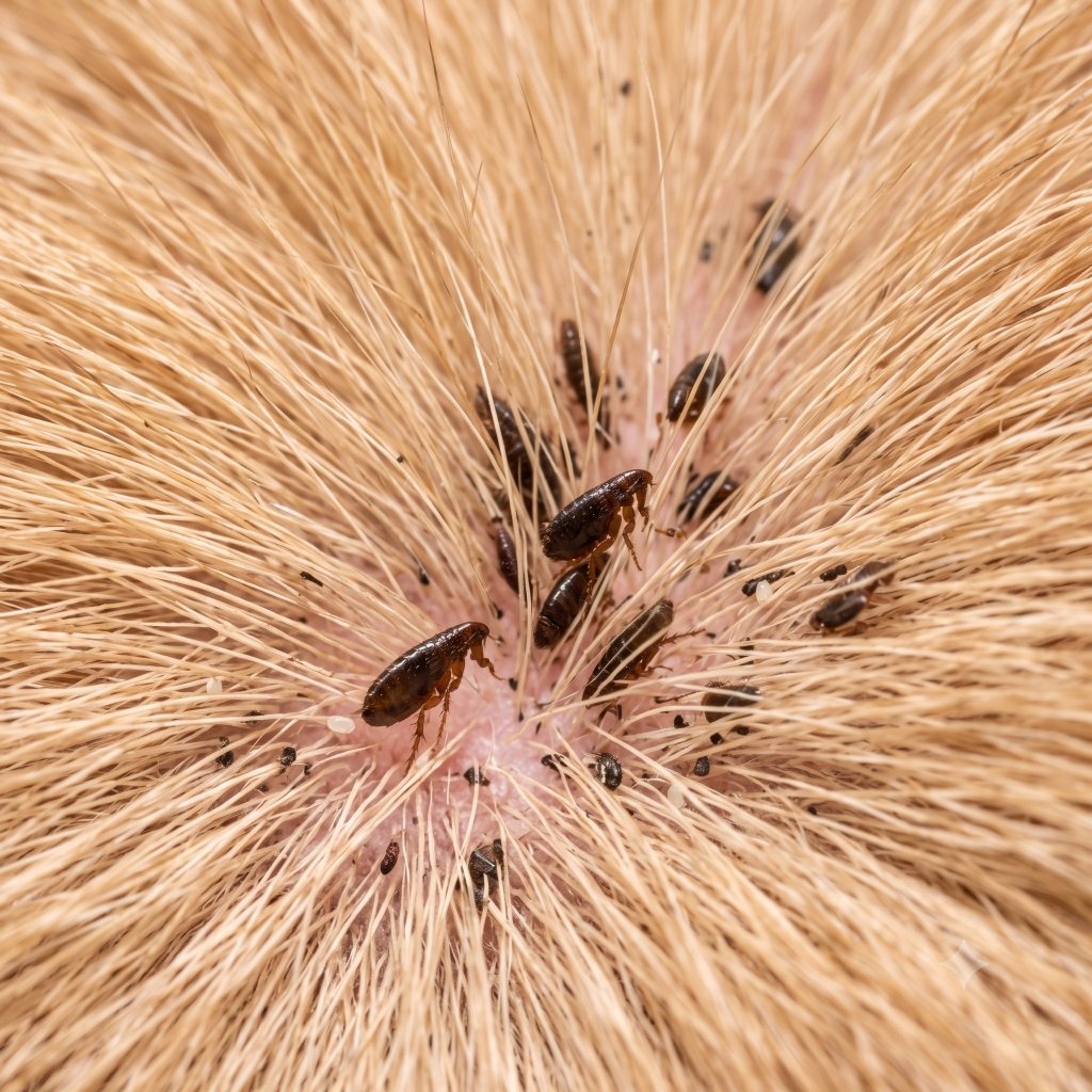 Macrofotografia de pulgas infestando a pele e os pelos do animal de estimação em Barra Bonita
