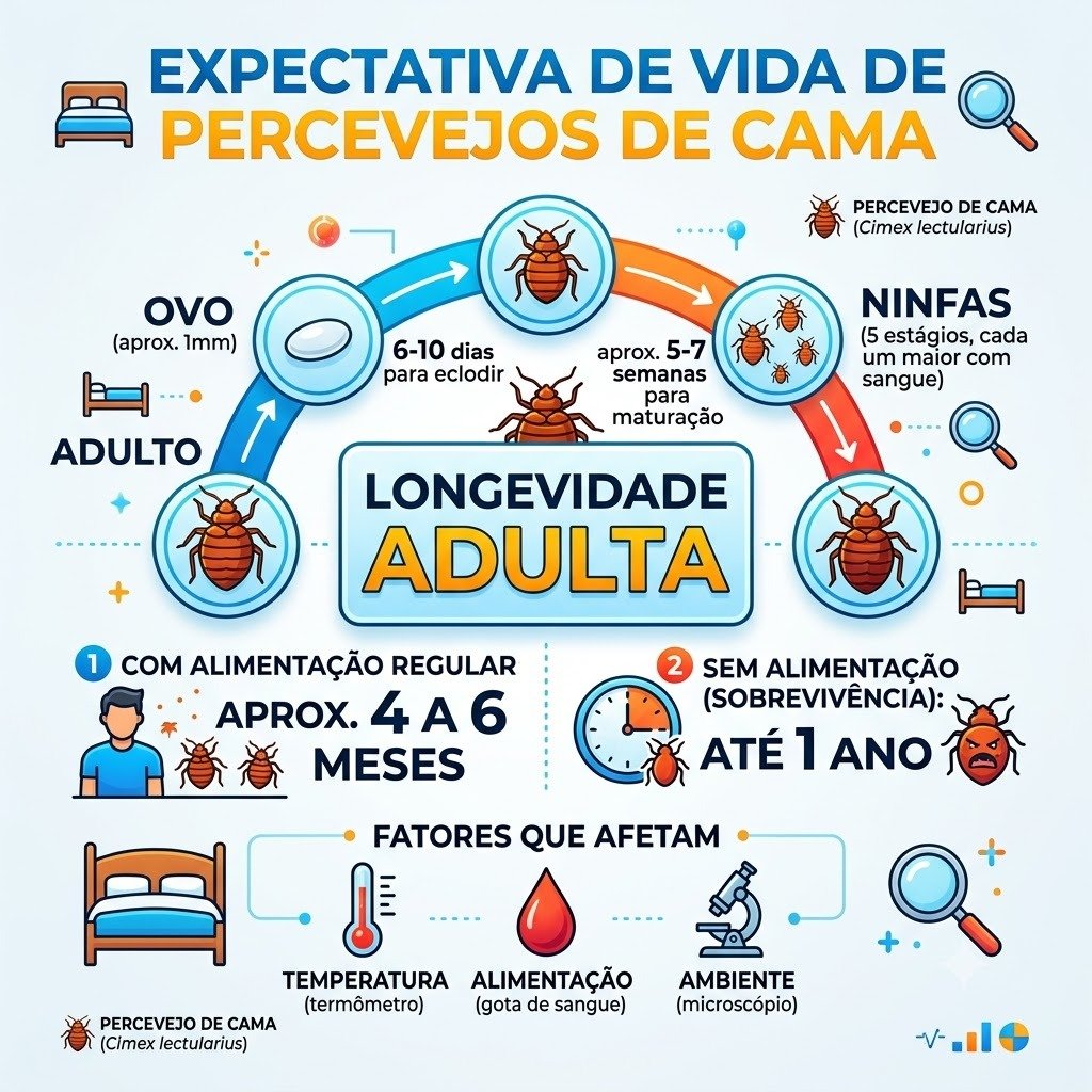Infográfico da expectativa de vida e ciclo biológico do percevejo de cama