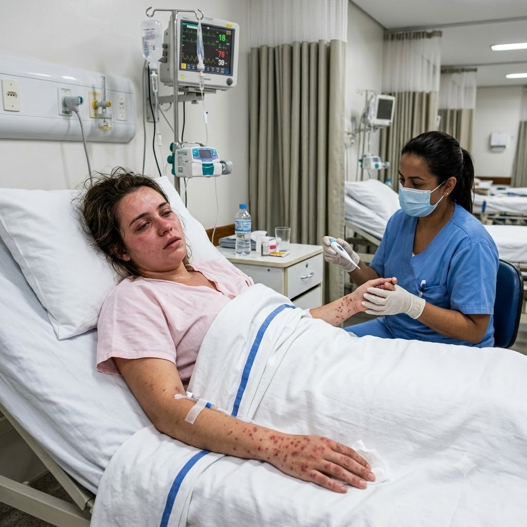 Paciente internada no hospital com sintomas e manchas vermelhas de febre maculosa
