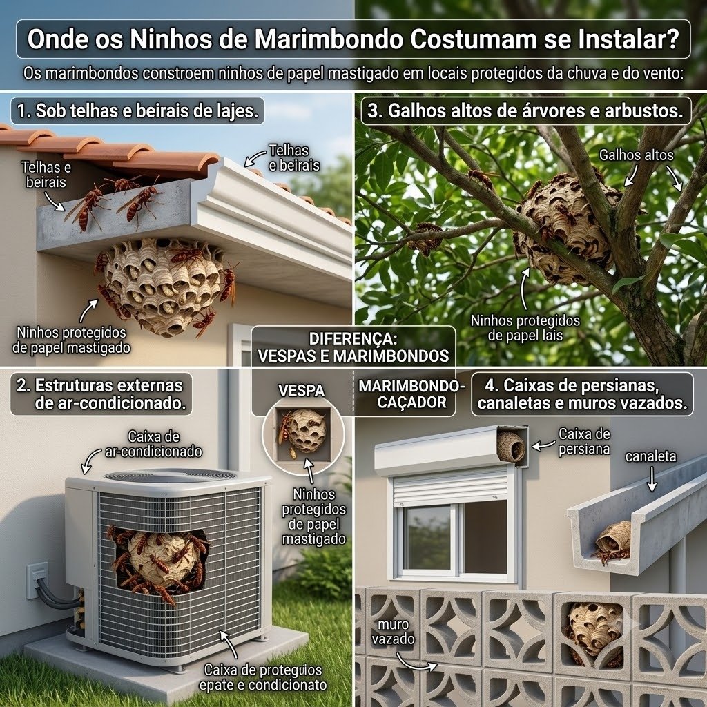 Onde os ninhos de marimbondo costumam se instalar em Barra Bonita - Infográfico ilustrado telhas, ar-condicionado, árvores, persianas e muros
