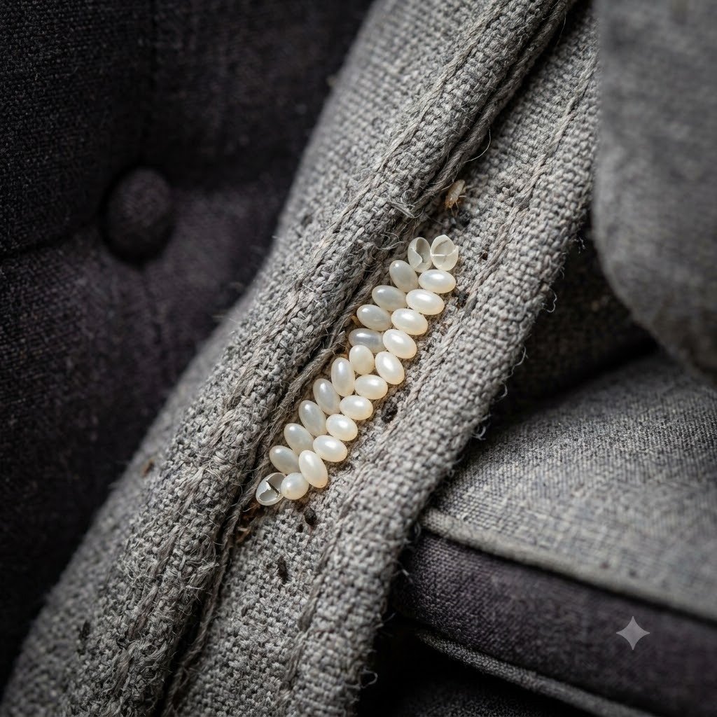 Ovos de percevejo de cama fixados na costura de colchão
