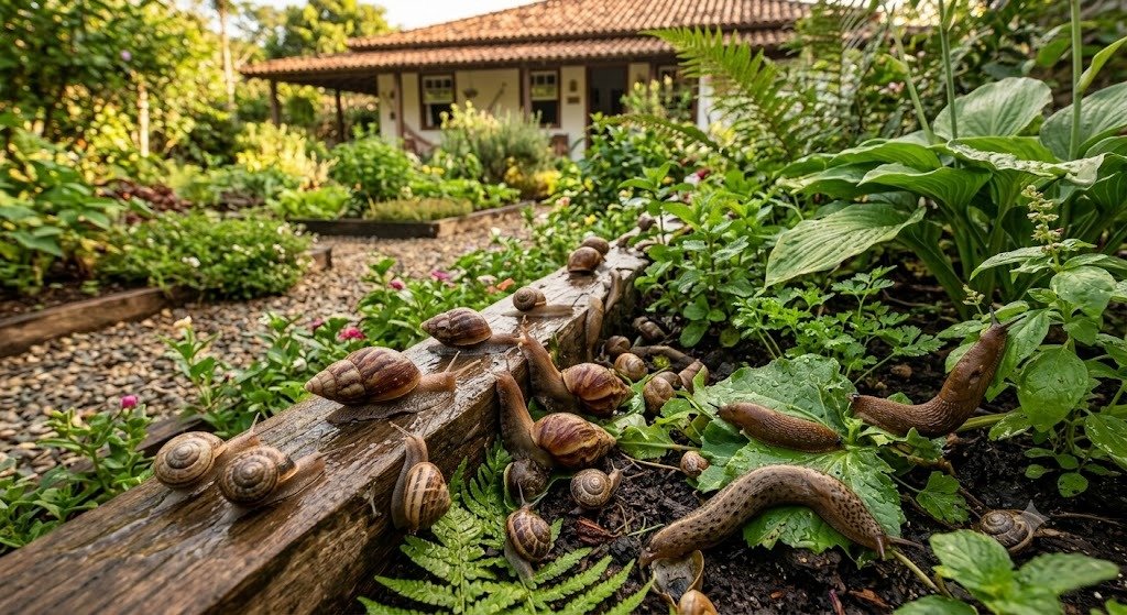 Foto real de infestação de caramujos e lesmas em horta de jardim residencial em Barra Bonita
