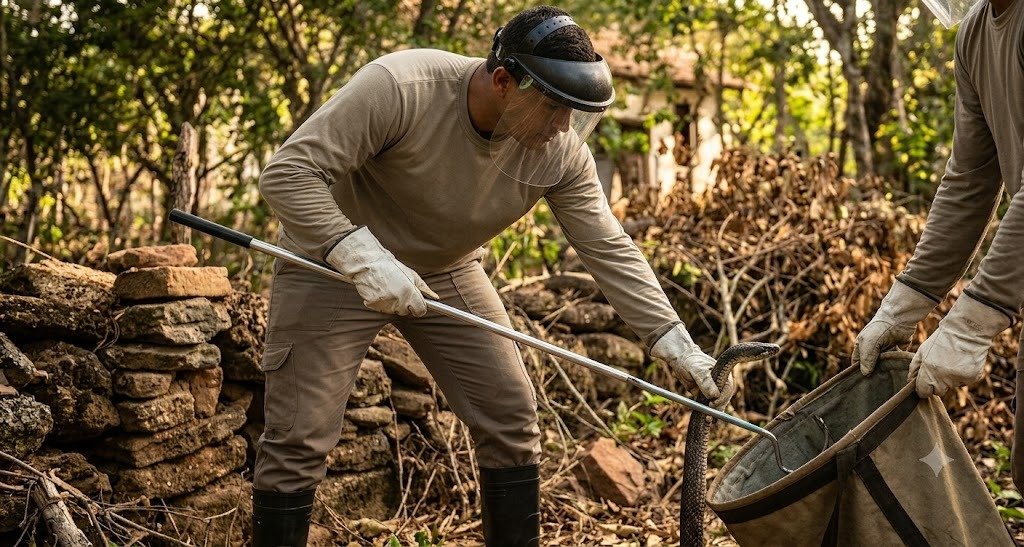 Foto real de manejo e captura técnica de cobras por profissionais em Barra Bonita