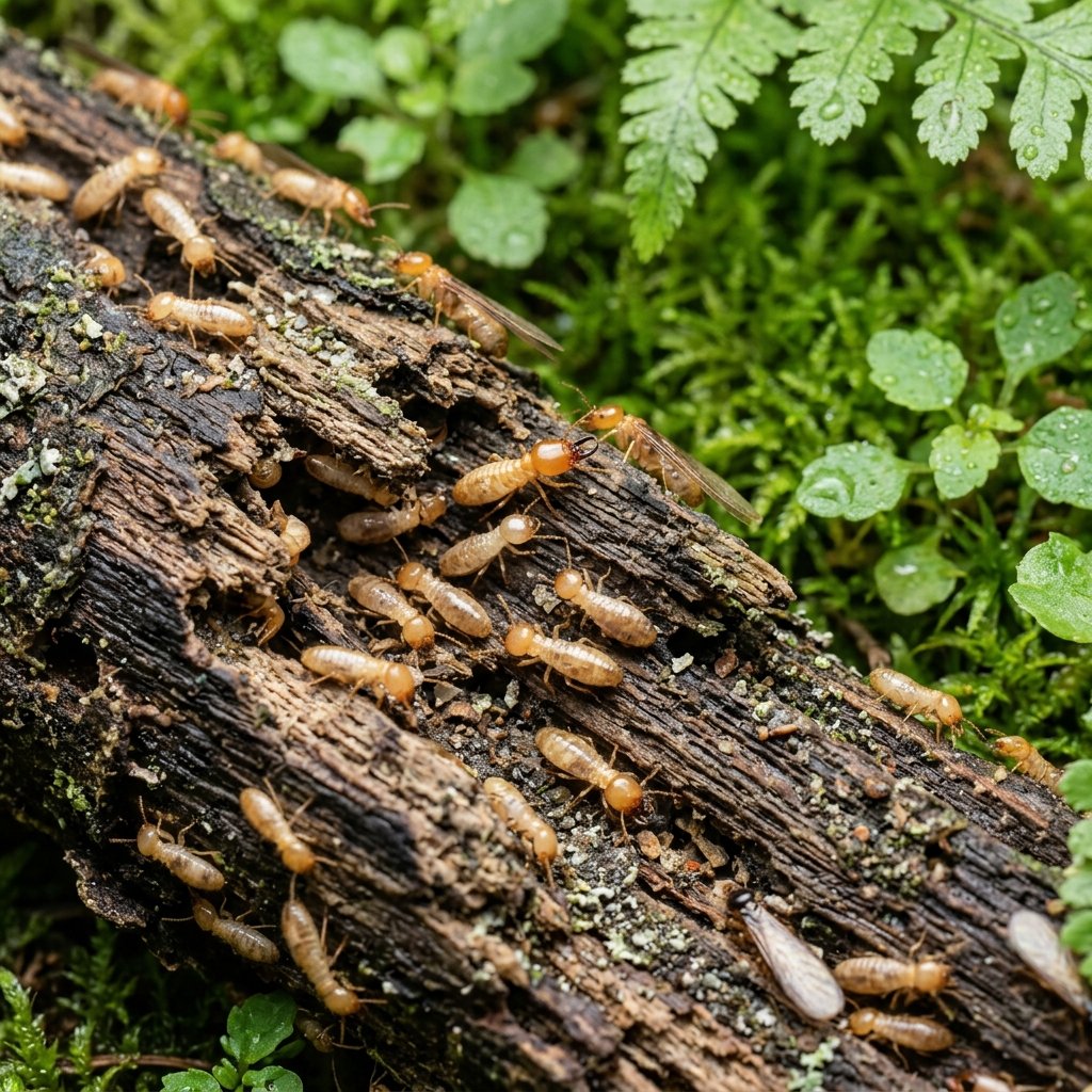 Foto real de Cupim na madeira com musgo verde