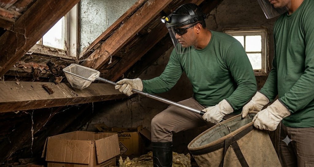 Foto real de equipe realizando manejo e remoção técnica de morcegos no forro em Barra Bonita