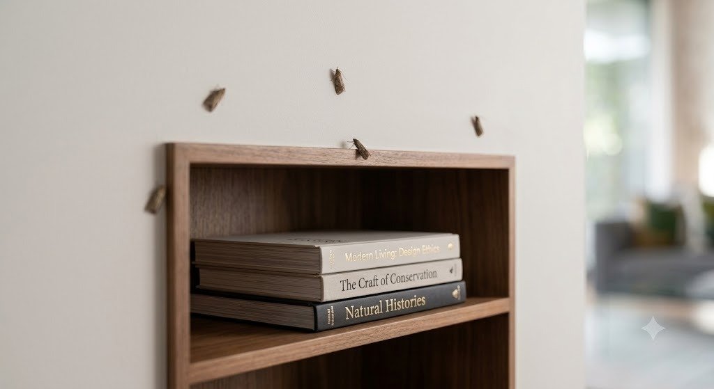 Foto real de infestação de traças em estante de livros e móvel residencial em Barra Bonita