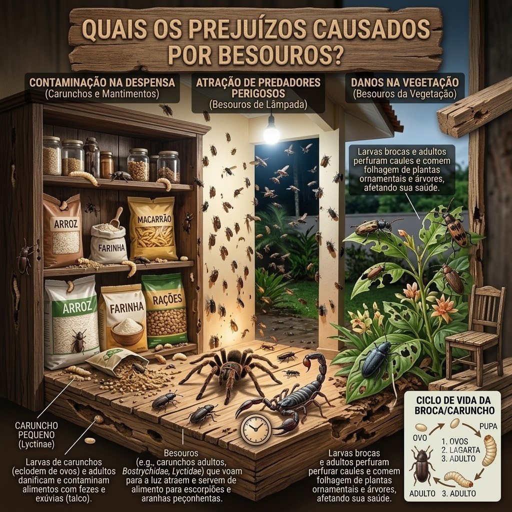 Quais os prejuízos causados por besouros em Barra Bonita - Infográfico contaminação de despensa, atração de predadores e danos em plantas