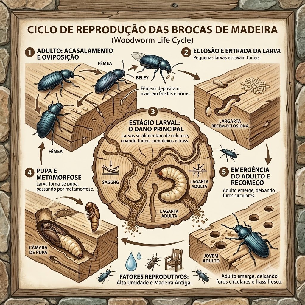 Como as brocas de madeira se reproduzem em Barra Bonita - Infográfico ciclo de vida em 5 estágios