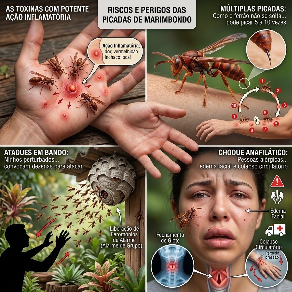 Riscos e perigos das picadas de marimbondo em Barra Bonita - Infográfico de reações, choque anafilático e feromônios