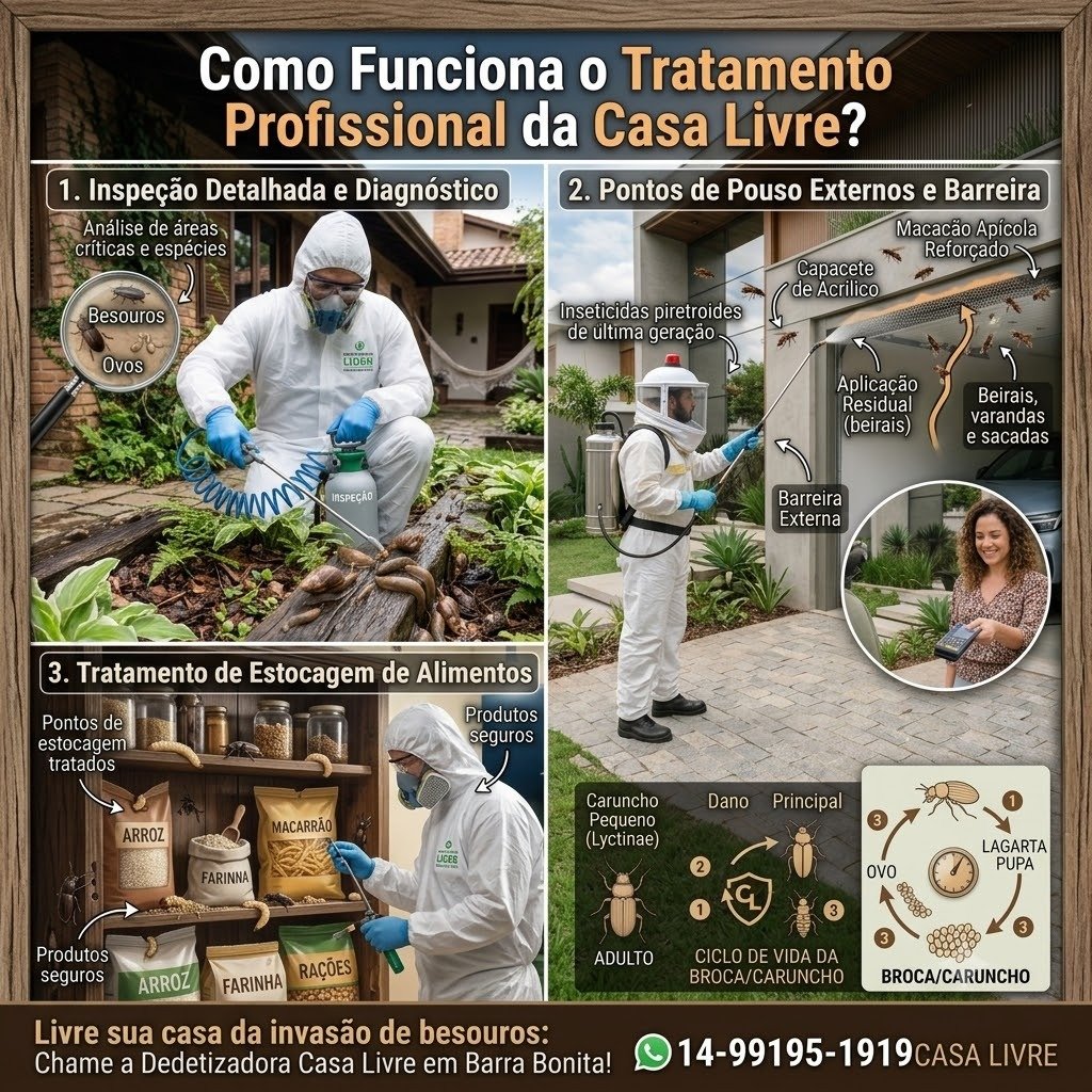 Como funciona o tratamento profissional da Casa Livre em Barra Bonita - Infográfico de inspeção, barreira em beirais e produtos seguros na despensa