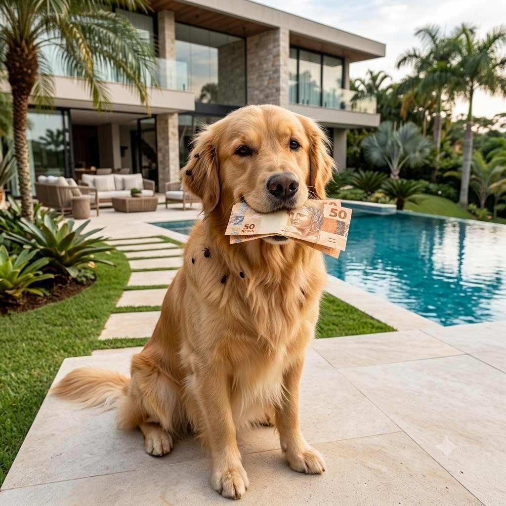 Golden Retriever com notas de dinheiro indicando o valor da dedetização de carrapatos em Barra Bonita