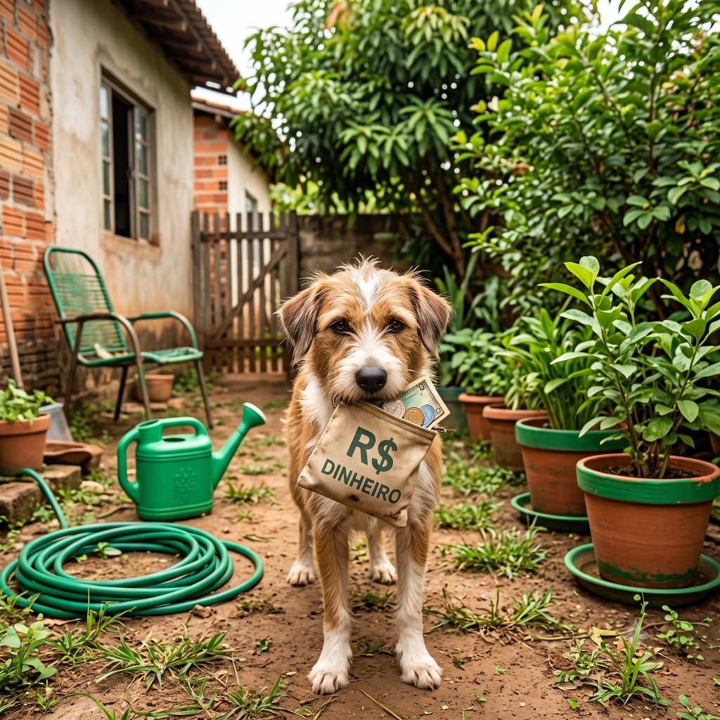 Cachorro no quintal com bolsa de dinheiro indicando o valor da dedetização de pulgas em Barra Bonita